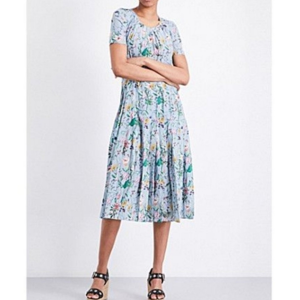 The Kooples Silk Folkloric Print Midi Dress XS Light Blue Floral Pleated Skirt - Picture 3 of 12